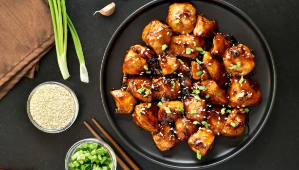 Delicioso plato de pollo japonés visto cenitalmente.